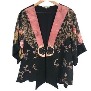 VTG SPENCER ALEXIS Silk Blend Mixed Media Kimono Jacket Sz M Black‎ Floral Black